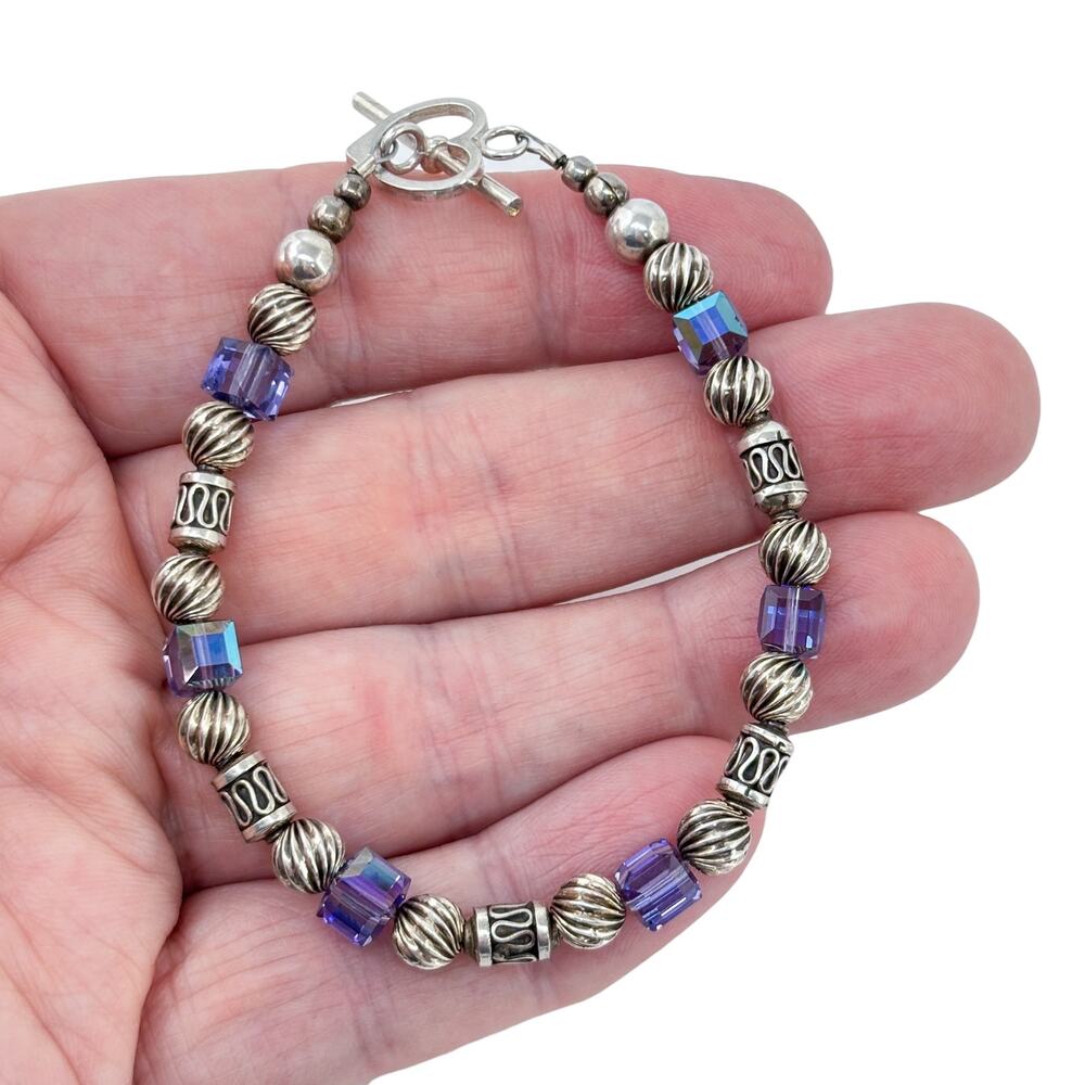 Vintage Sterling Silver 925 Iridescent Crystal Beaded Bracelet 7.5"